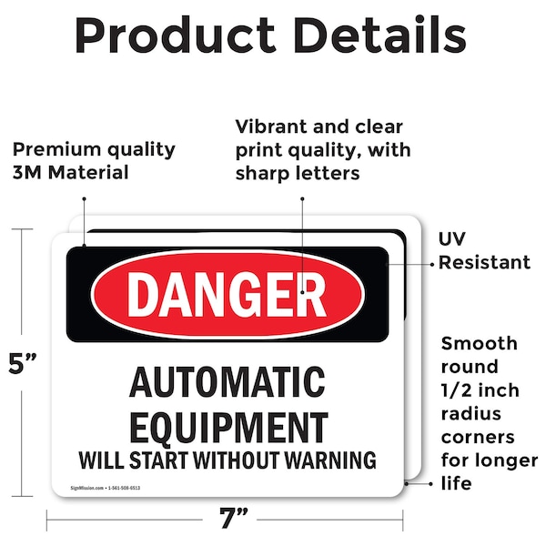 Signmission Automatic Equipment Start Without Warning Danger Sign, Vinyl Decal, 7in W x 5in L, 2PK - OS-2PACK-DS-D-57-L-1846
