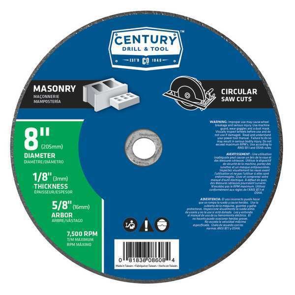 Century Drill & Tool Masonry Saw Blade, 8x1/8 in., Type 1A, TYPE 1A, 8 in Dia, 1/8 in Thick, 5/8 in Arbor Hole Size - 08608