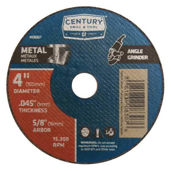 Century Drill & Tool Metal Cuttoff Wheel, 4x.045 in., Type 1A, TYPE 1A, 4 in Dia, 0.045 in Thick, 5/8 in Arbor Hole Size - 08307