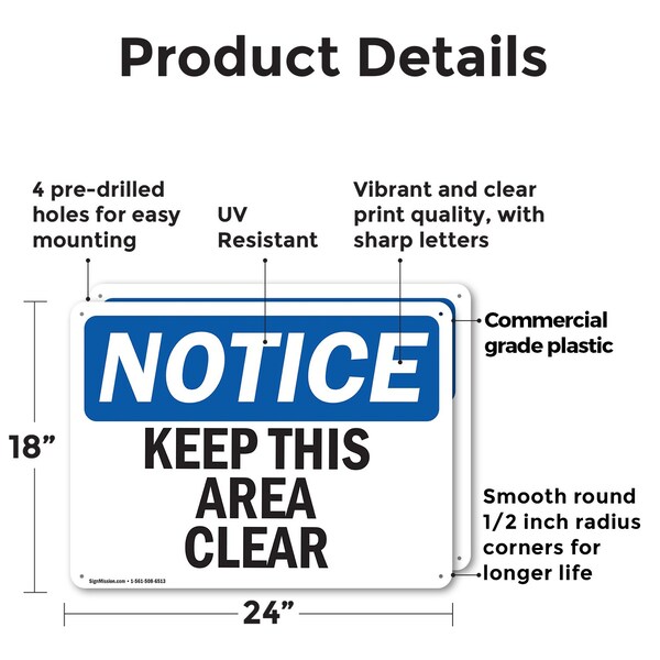 Signmission Keep This Area Clear, 24 in W x Rectangle, Plastic - OS-2PACK-NS-P-1824-L-13867