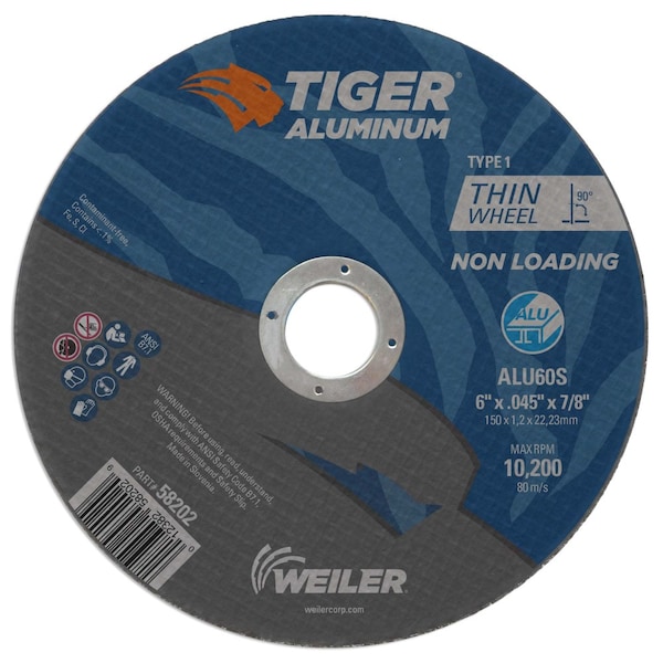 Weiler 6" x .045" TIGER ALUMINUM Type 1 Cut-Off Wheel ALU60S 7/8 A.H. - 58202