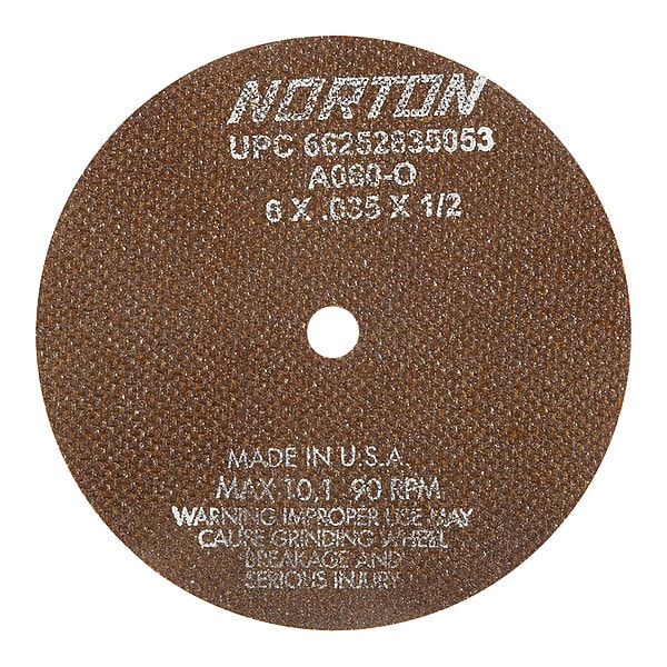 Norton Abrasives Cut-Off Wheel, Type 1, 8 in Dia, 0.035 in Thick, 1/2 in Arbor Hole Size, Aluminum Oxide, 60 Grit - 66253043014
