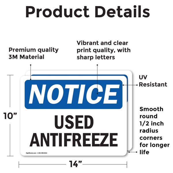 Signmission Used Antifreeze, 14 in W x Rectangle, Vinyl Decal - OS-2PACK-NS-D-1014-L-18822