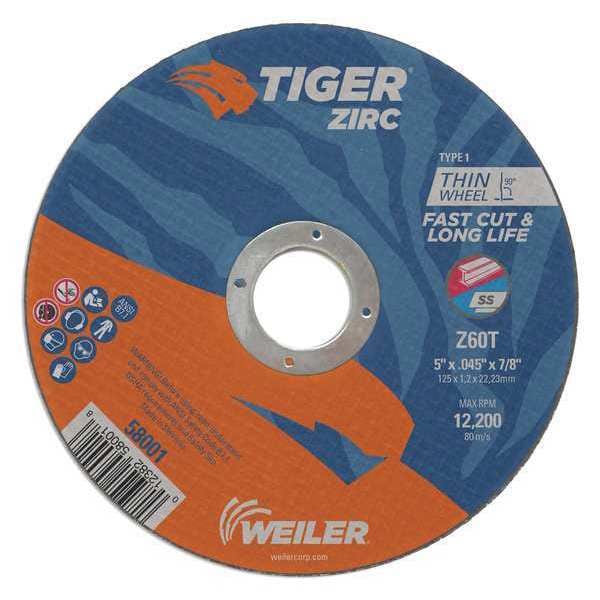 Tiger Zirc Abrasive Cut-Off Wheel, Type 1, 5 in Dia, 0.045 in Thick - 58001
