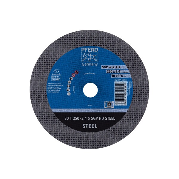 Pferd Cut Off Wheel, HD, 80 Grit, 10"x3/32"x1", 10 in Dia, 3/32 in Thick, 1 in Arbor Hole Size, 36 Grit - 66114