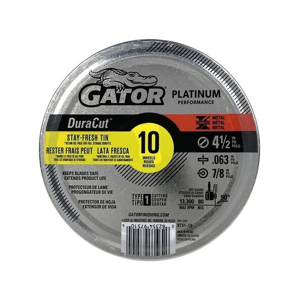 Gator Cut-Off Wheel, 4-1/2 in Dia, 0.063 Thick, 7/8 in Arbor, Aluminum Oxide Abrasive - 975110