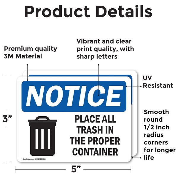 Signmission Place All Trash In The Proper Container, 5 in W x Rectangle, Vinyl Decal - OS-2PACK-NS-D-35-L-16343