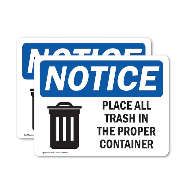 Signmission Place All Trash In The Proper Container, 5 in W x Rectangle, Vinyl Decal - OS-2PACK-NS-D-35-L-16343