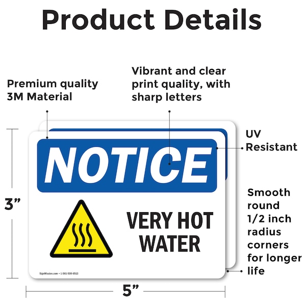 Signmission Hot Surface Sign, 3.5 in H x 5 in W, Vinyl Decal, Very Hot Water Sign With Symbol - OS-2PACK-NS-D-35-L-18872