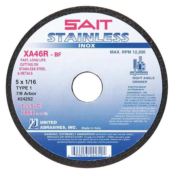 United Abrasives/Sait Abrasive Cut-Off Wheel, Type 1, 5 in Dia, 0.0625 in Thick, 7/8 in Arbor Hole Size, Aluminum Oxide - 24252