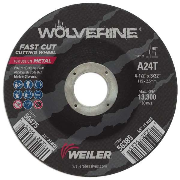 Weiler Cutting Wheel, 3/32 in Thick, Aluminum Oxide, 24 Grit - 56475