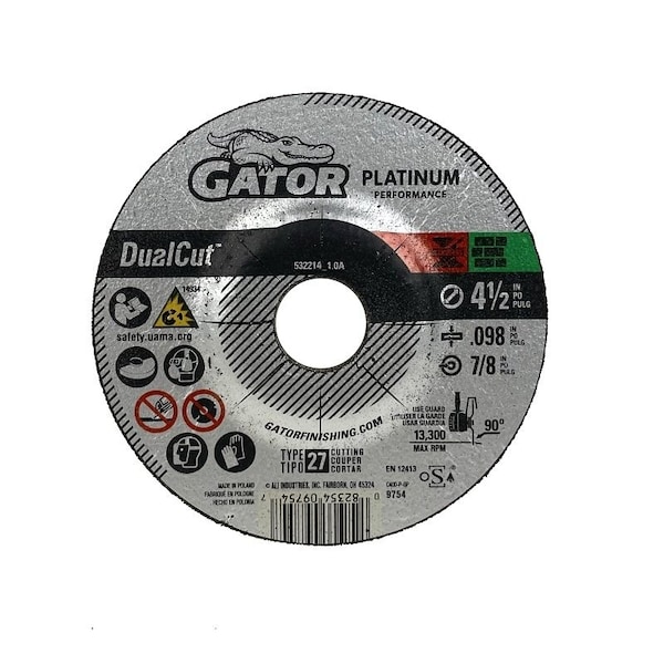 Gator Cut-Off Wheel, 4-1/2 in Dia, 0.098 in Thick, 7/8 in Arbor, Aluminum Oxide Abrasive - 9754