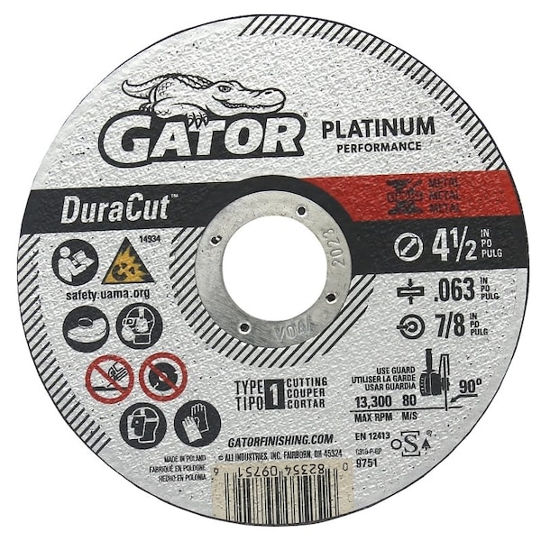 Gator Cut-Off Wheel, 4-1/2 in Dia, 0.063 Thick, 7/8 in Arbor, Aluminum Oxide Abrasive - 9751