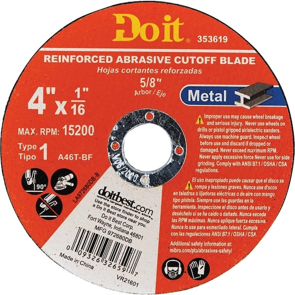 All-Source Type 1 4 In. x 1/16 In. x 5/8 In. Metal Cut-Off Wheel - 972680DB
