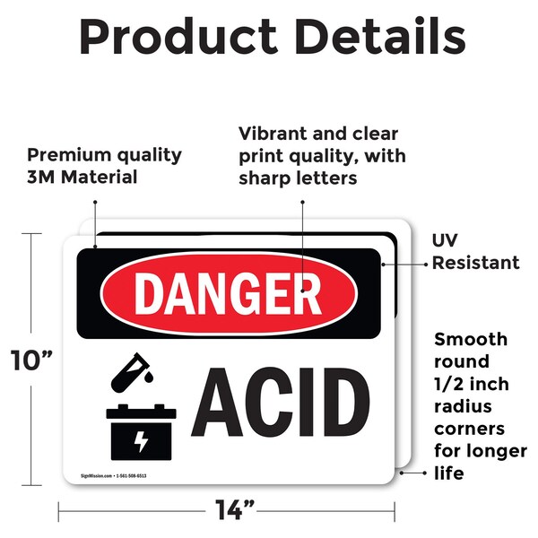 Signmission Acid Danger Sign, Vinyl Decal, 14in W x 10in L, 2PK - OS-2PACK-DS-D-1014-L-1017
