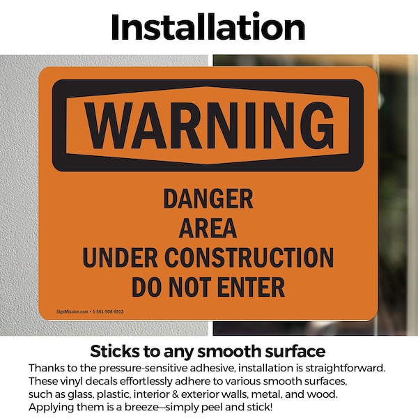 Signmission Danger Area Under Construction Do Not Enter OSHA Warning Sign, Vinyl Decal, 5in W x 3.5in L, 2PK - OS-2PACK-WS-D-35-L-12034