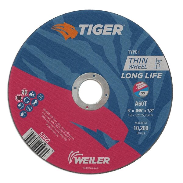 Weiler 6 x .045 x .875 in. Tiger Type 1 Thin Cutting Wheel, A60T, 25PK - 804-57022