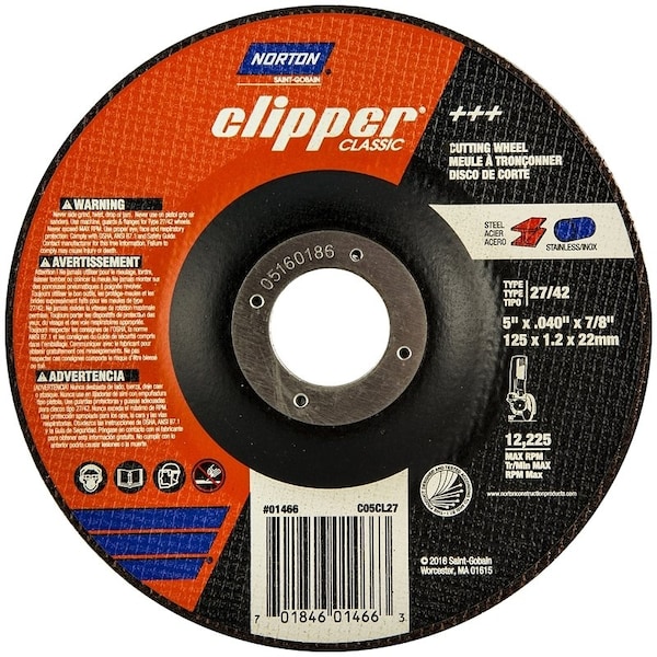 Norton Clipper Clipper Classic A AO Series Cutoff Wheel, 5 in Dia, 0045 in Thick, 78 in Arbor - 70184601466
