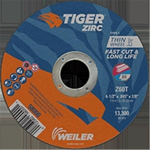 Weiler 4.5 x 0.045 in. Tiger Type 1 Cut-Off Wheel, Z60T, 0.87 in. A.H, 25PK - 804-58000