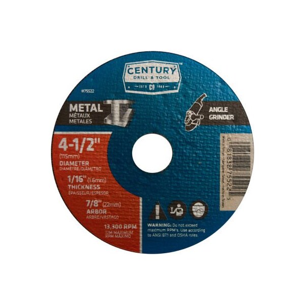 Century Drill & Tool Century Drill Cutting Wheel 4-1/2" x 7/8" Aluminum Oxide - 75522
