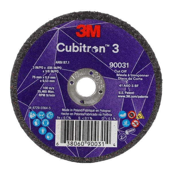 3M Cubitron Abrasive Cut-Off Wheel, Type 1, 3 in Dia, 0.035 in Thick, 3/8 in Arbor Hole Size, Ceramic, 60 Grit - 90031