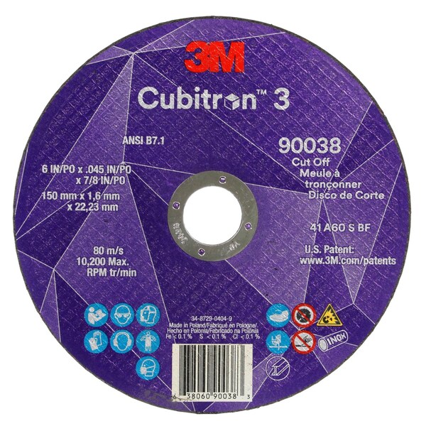 3M Cubitron Abrasive Cut-Off Wheel, Type 27, 6 in Dia, 0.045 in Thick, 7/8 in Arbor Hole Size, Ceramic, 60 Grit - 90038