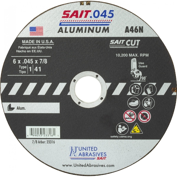 United Abrasives/Sait United Abrasives - Sait Cut Off Wheel Type 1 A46N 4-1/2" x .045" x 7/8" 46 Grit Aluminum Oxide - 23314