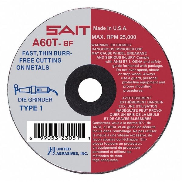 United Abrasives/Sait Abrasive Cut-Off Wheel, Type 1, 7 in Dia, 0.0625 in Thick, 1 1/4 in Arbor Hole Size, Aluminum Oxide - 23251