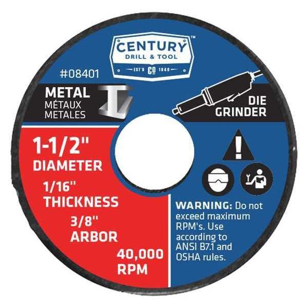 Century Drill & Tool Metal Cuttoff Wheel, 1-1/2x1/16in, Type 1A, TYPE 1A, 1-1/2 in Dia, 1/16 in Thick, Aluminum Oxide - 08401