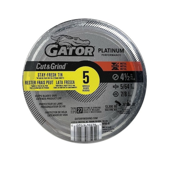 Gator Cut-Off Wheel, 4-1/2 in Dia, 5/64 in Thick, 7/8 in Arbor, Aluminum Oxide Abrasive - 97525