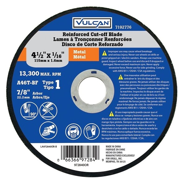 Vulcan Type 1 Cut-Off Wheel, 4-1/2 in Dia, 1/16 in Thick, 7/8 in Arbor, Premium, Aluminum Oxide Abrasive - 972840OR