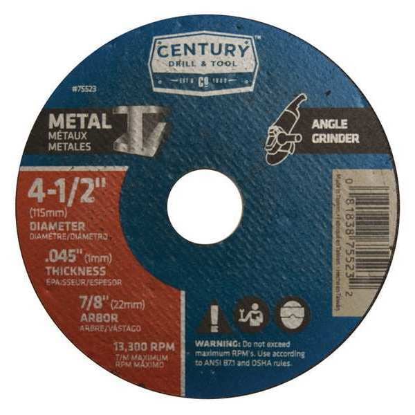 Century Drill & Tool Abrasive Cut-Off Wheel, TYPE 1A, 4-1/2 in Dia, 0.045 in Thick, 7/8 in Arbor Hole Size, A60T Series - 75523