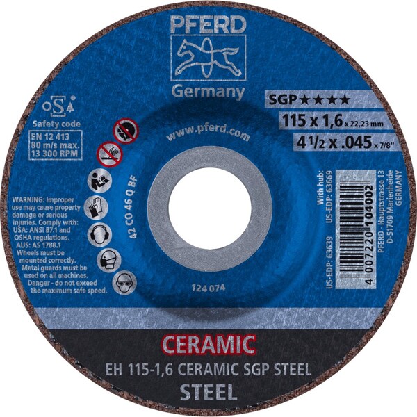 Pferd 4-1/2'' x .045'' Cut-Off Wheel, 7/8'' A.H. - CERAMIC SGP STEEL - Type 27 - 63639