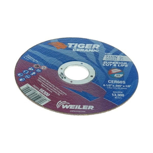 Weiler 4-1/2" x .045" TIGER CERAMIC Type 1 Cut-Off Wheel CER60S 7/8 A.H. - 58300