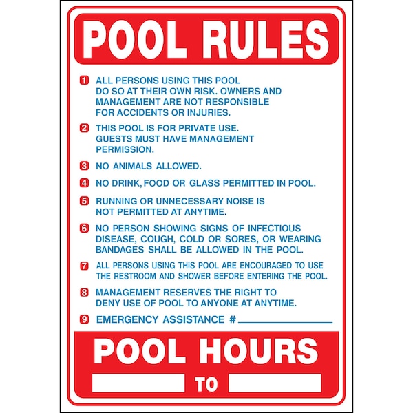 Hy-Ko Pool Rules (California) Sign 20" x 28", 5PK - A20411