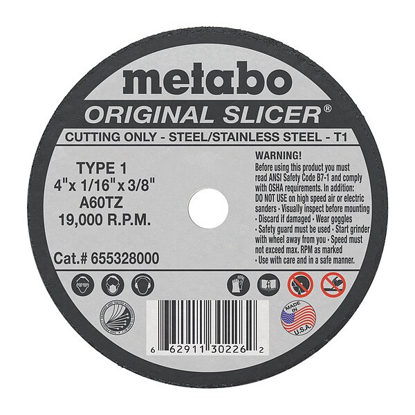 Metabo Abrasive Cut-Off Wheel, Type 1, 4 in Dia, 1/16 in Thick, 3/8 in Arbor Hole Size, Aluminum Oxide - 655328000