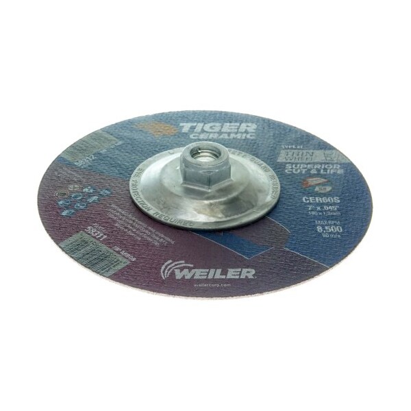 Weiler 7 in Dia, 0.060 in Thick, Ceramic, 60 Grit - 58312