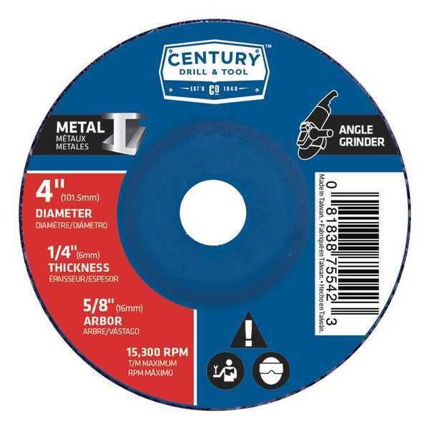 Century Drill & Tool Abrasive Cut-Off Wheel, Type 27, 4 in Dia, 1/4 in Thick, 5/8 in Arbor Hole Size, Aluminum Oxide - 75542