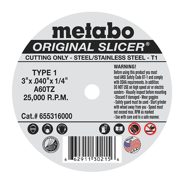 Metabo Abrasive Cut-Off Wheel, Type 1, 3 in Dia, 0.040 in Thick, 1/4 in Arbor Hole Size, Aluminum Oxide - 655316000