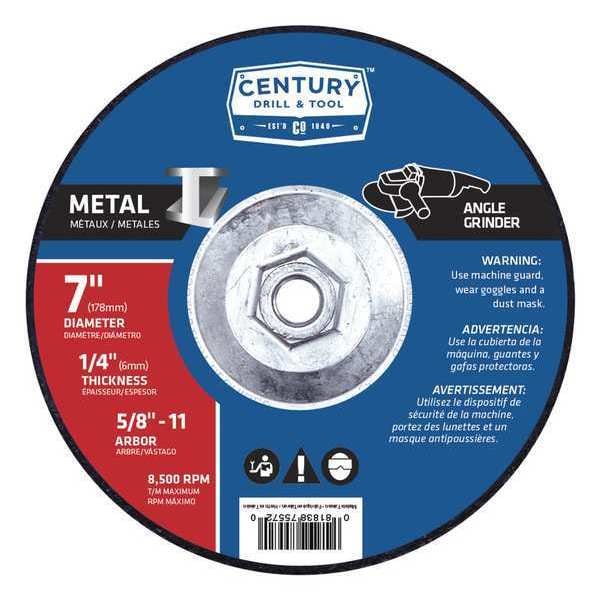 Century Drill & Tool Metal Grinding Wheel, 7x1/4 in., Type 27, Type 27, 7 in Dia, 1/4 in Thick, 5/8 in-11 Arbor Hole Size - 75572