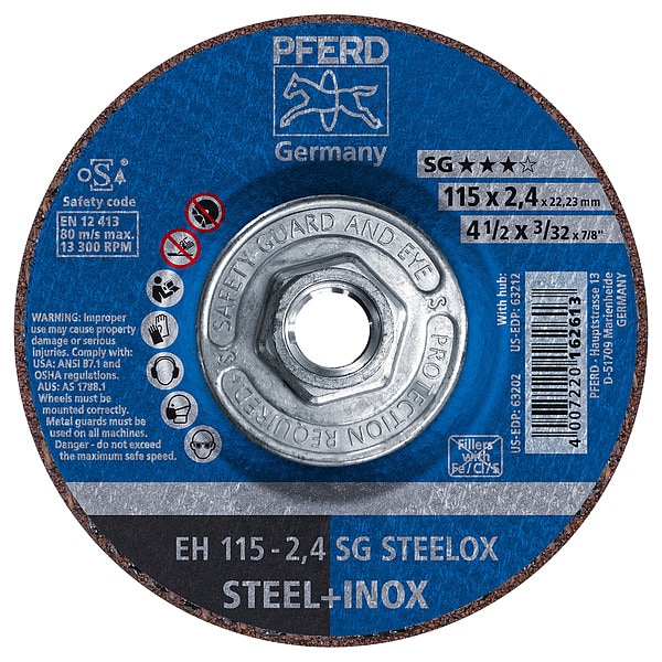 Pferd Abrasive Cut-Off Wheel, Type 27, 4-1/2 in Dia, 3/32 in Thick, 5/8 in-11 Arbor Hole Size, 46 Grit - 63212