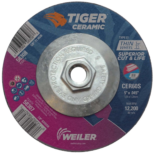 Weiler 5" x .045" TIGER CERAMIC Type 27 Cutting Wheel CER60S 5/8-11 Nut - 58308