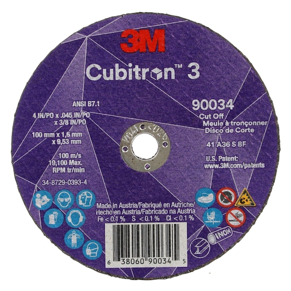 3M Cubitron Abrasive Cut-Off Wheel, Type 1, 4 in Dia, 0.045 in Thick, 3/8 in Arbor Hole Size, Ceramic, 36 Grit - 90034