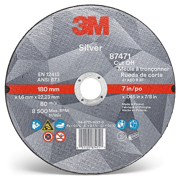 3M Abrasive Cut-Off Wheel, Type 1, 7 in Dia, 0.045 in Thick, 7/8 in Arbor Hole Size, Ceramic, 60 Grit - 87471