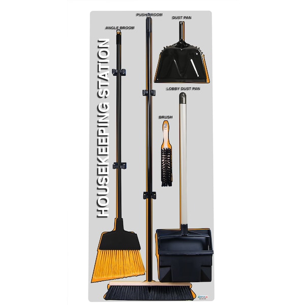 5S Supplies 5S Housekeeping Shadow Board Broom Station Version 1 - Gray Board / Orange Shadows  With Broom - HSB-V1-GRAY/ORANGE-KIT