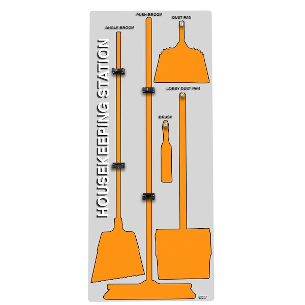 5S Supplies 5S Housekeeping Shadow Board Broom Station Version 1 - Gray Board / Orange Shadows  With Broom - HSB-V1-GRAY/ORANGE-KIT