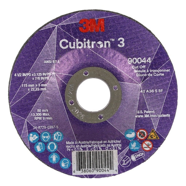 3M Cubitron Abrasive Cut-Off Wheel, Type 27, 4 1/2 in Dia, 0.125 in Thick, 7/8 in Arbor Hole Size, Ceramic - 90044