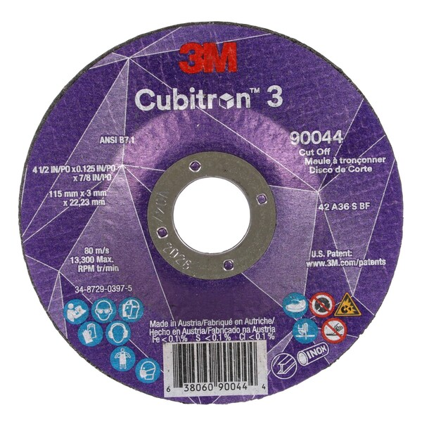 3M Cubitron Abrasive Cut-Off Wheel, Type 27, 4 1/2 in Dia, 0.125 in Thick, 7/8 in Arbor Hole Size, Ceramic - 90044