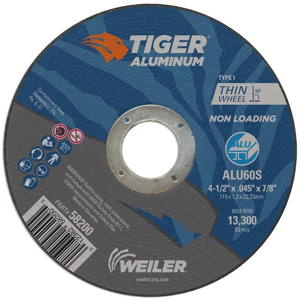 Weiler 4-1/2" x .045" TIGER ALUMINUM Type 1 Cut-Off Wheel ALU60S 7/8 A.H. - 58200