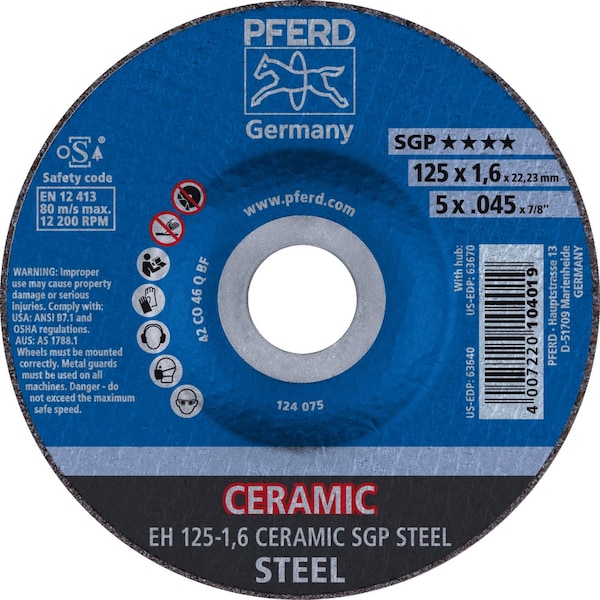 Pferd 5'' x .045'' Cut-Off Wheel, 7/8'' A.H. - CERAMIC SGP STEEL - Type 27 - 63640